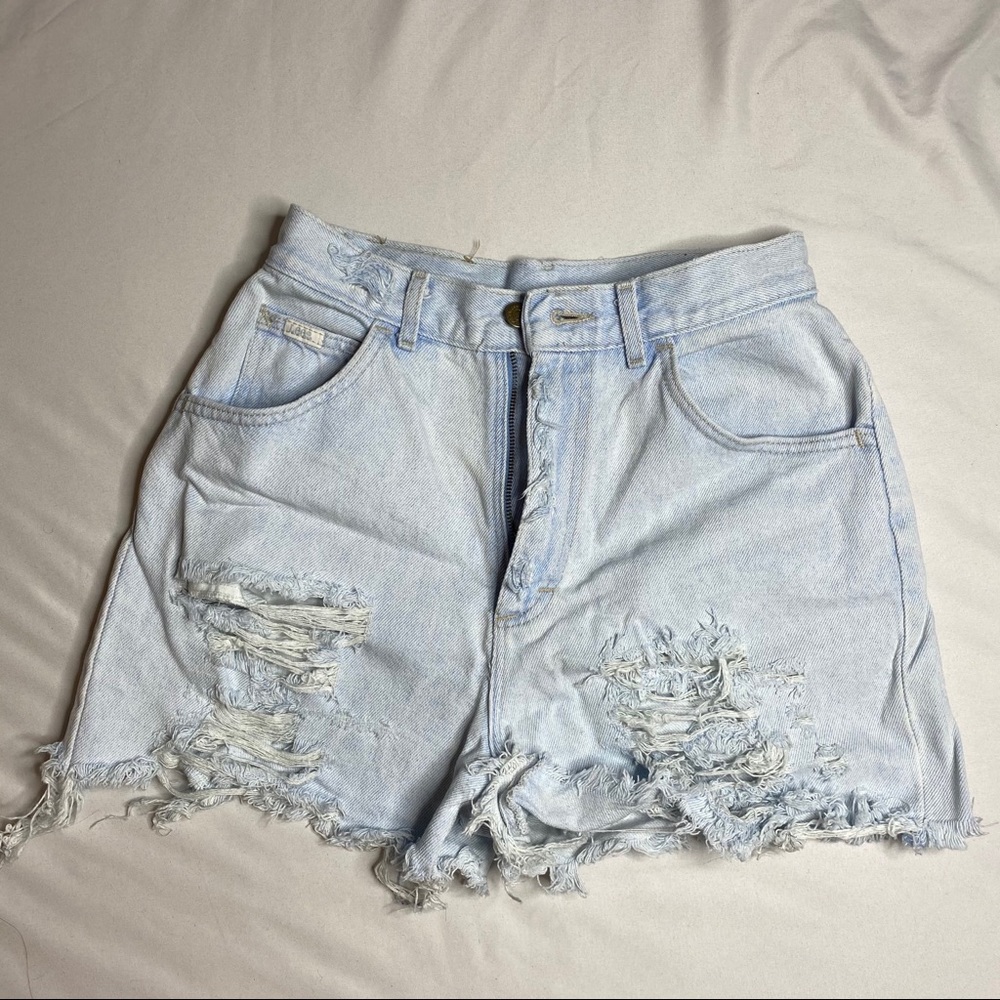 Light denim distress shorts